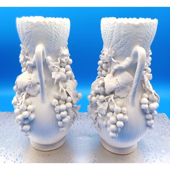 Antique Blanc De Chine Parian Ware Porcelain Bisque Amphora Vases Set Of 2 - Picture 3 of 15